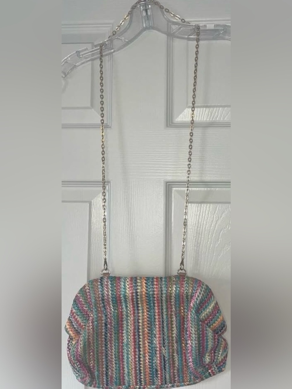 Striped Multicolor Knit Shoulder Bag with Chain Strap - Picture 5 of 8
